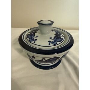 Vintage Bombay Co. Blue & White Porcelain Sugar Bowl with Lid‎ Floral Design